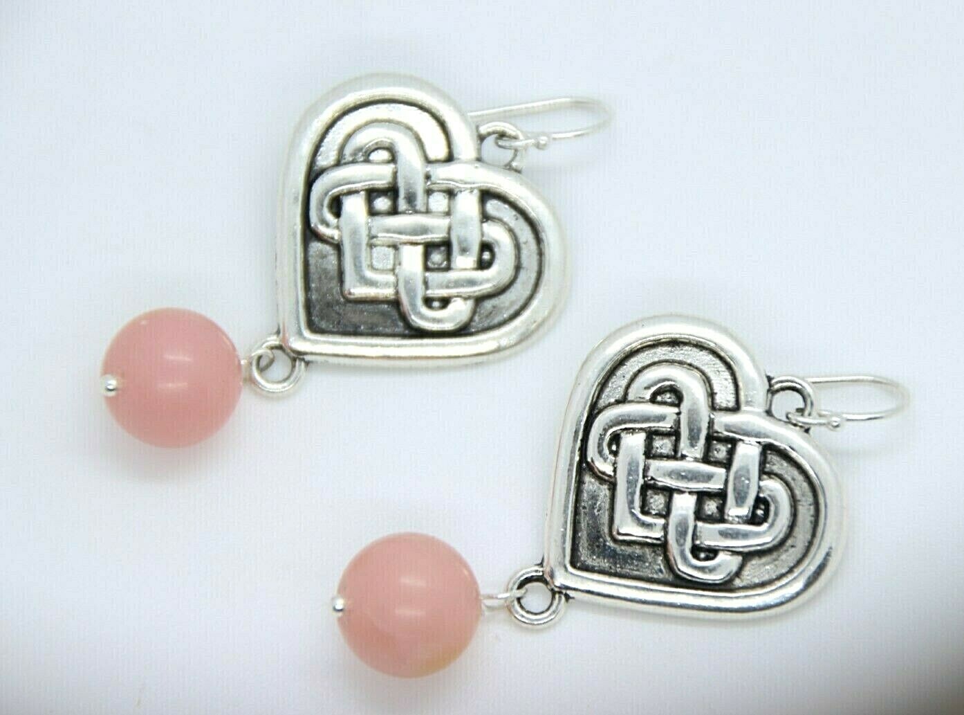 Pink Opal Gemstone 10mm Ball Earrings 925 Sterling Silver Celt Celtic Heart 2\ Pink Opal Gemstone 10mm Ball Earrings 925 Sterling Silver Celt Celtic Heart 2\