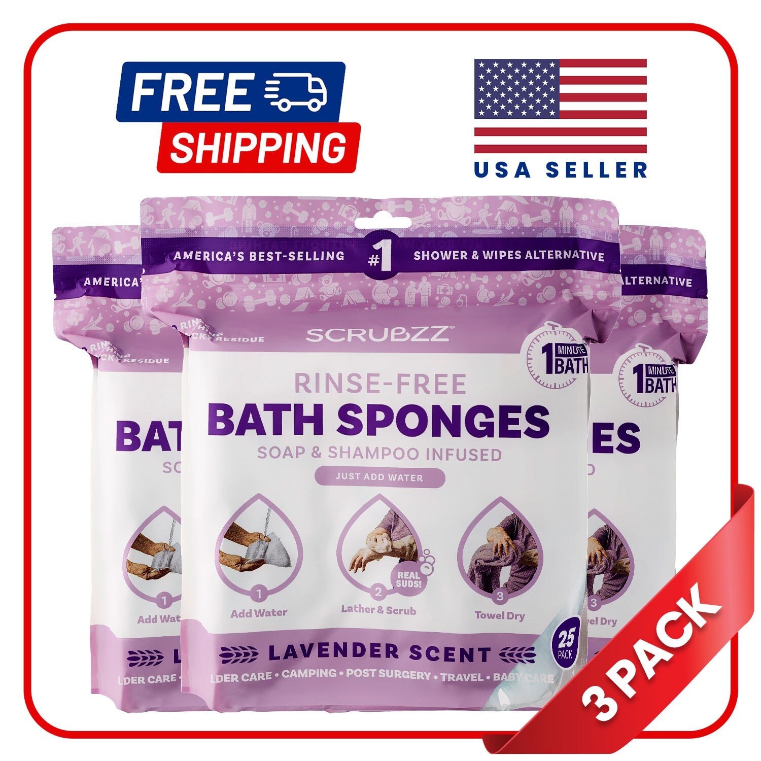 Scrubzz Disposable Rinse Free Bathing Sponges - Lavender, 75 Count