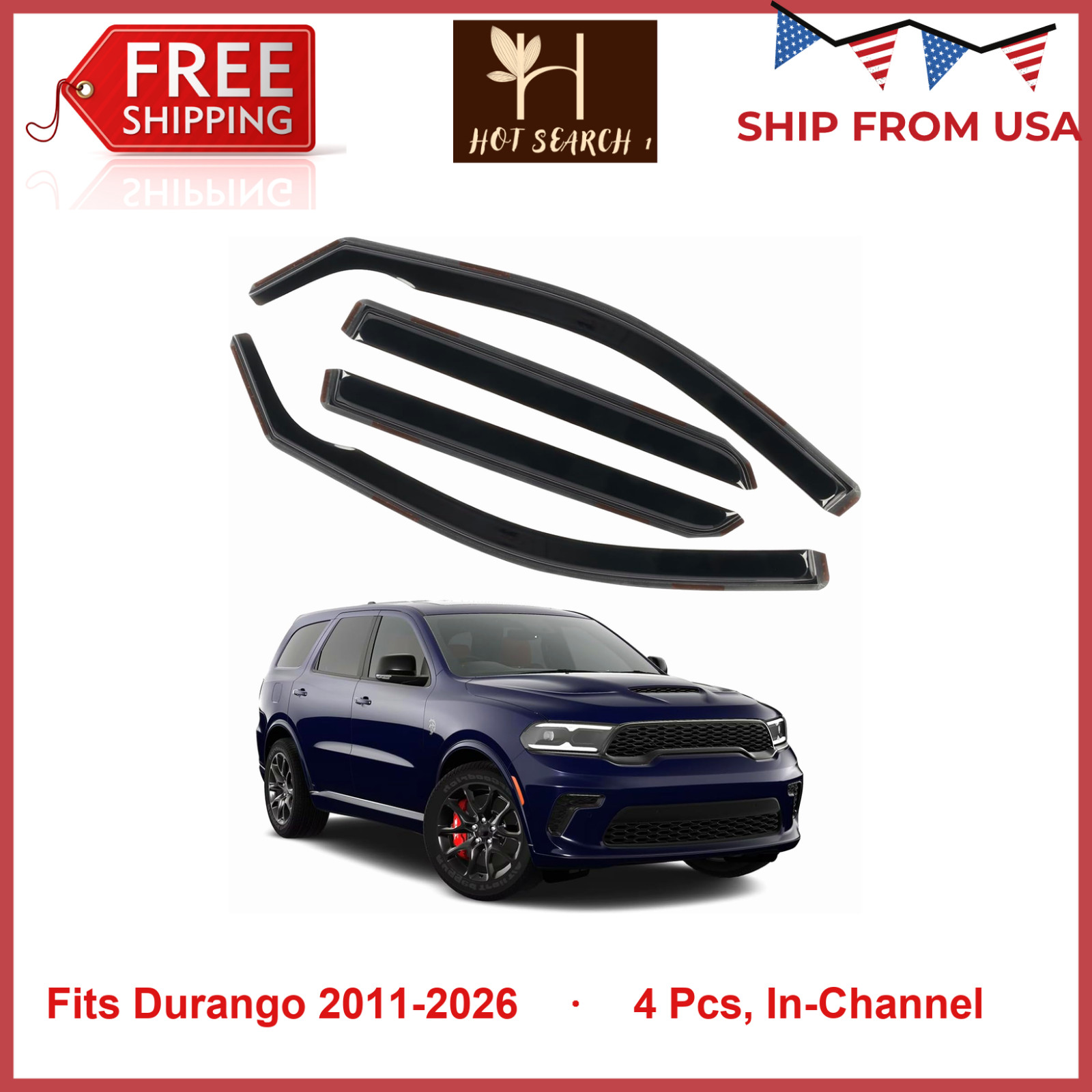 4pcs in Channel Window Visor Fit for 2011-2026 Dodge Durango, Smoke Tinted