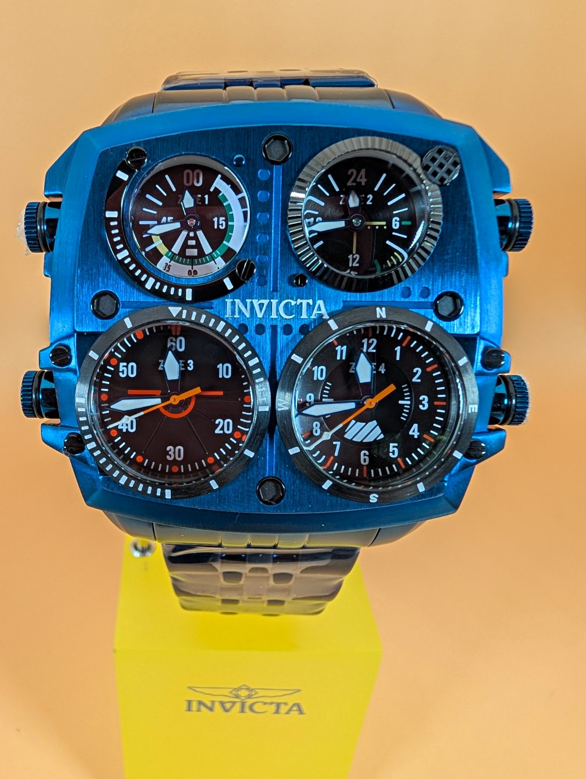 Invicta Aviator Men\'s Quartz Watch Black Dial Multi-Dial Blue Bracelet 100m