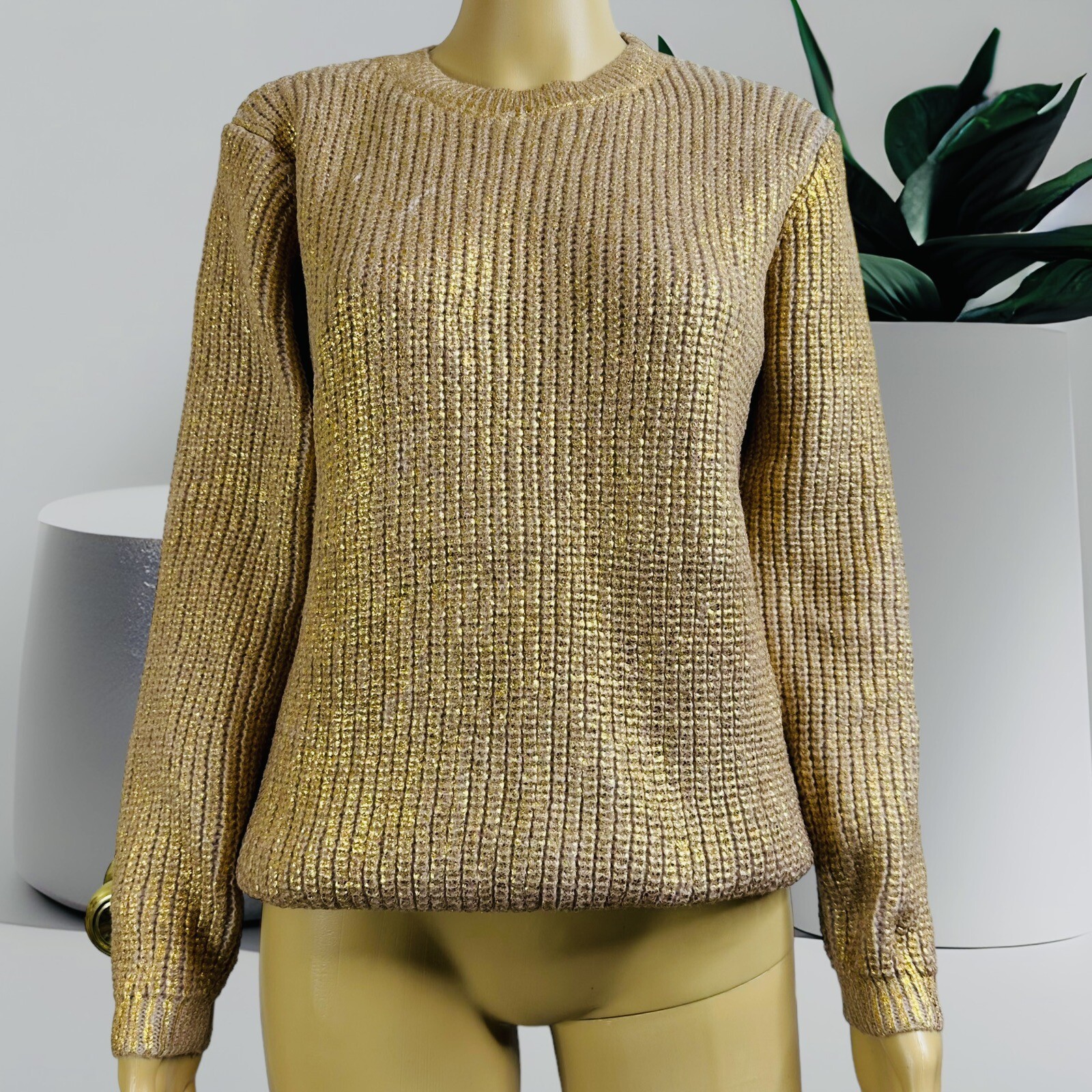 Women Pullover Sweater Gold Foil Metallic Knit Size L Large Crew Neck Mid Length