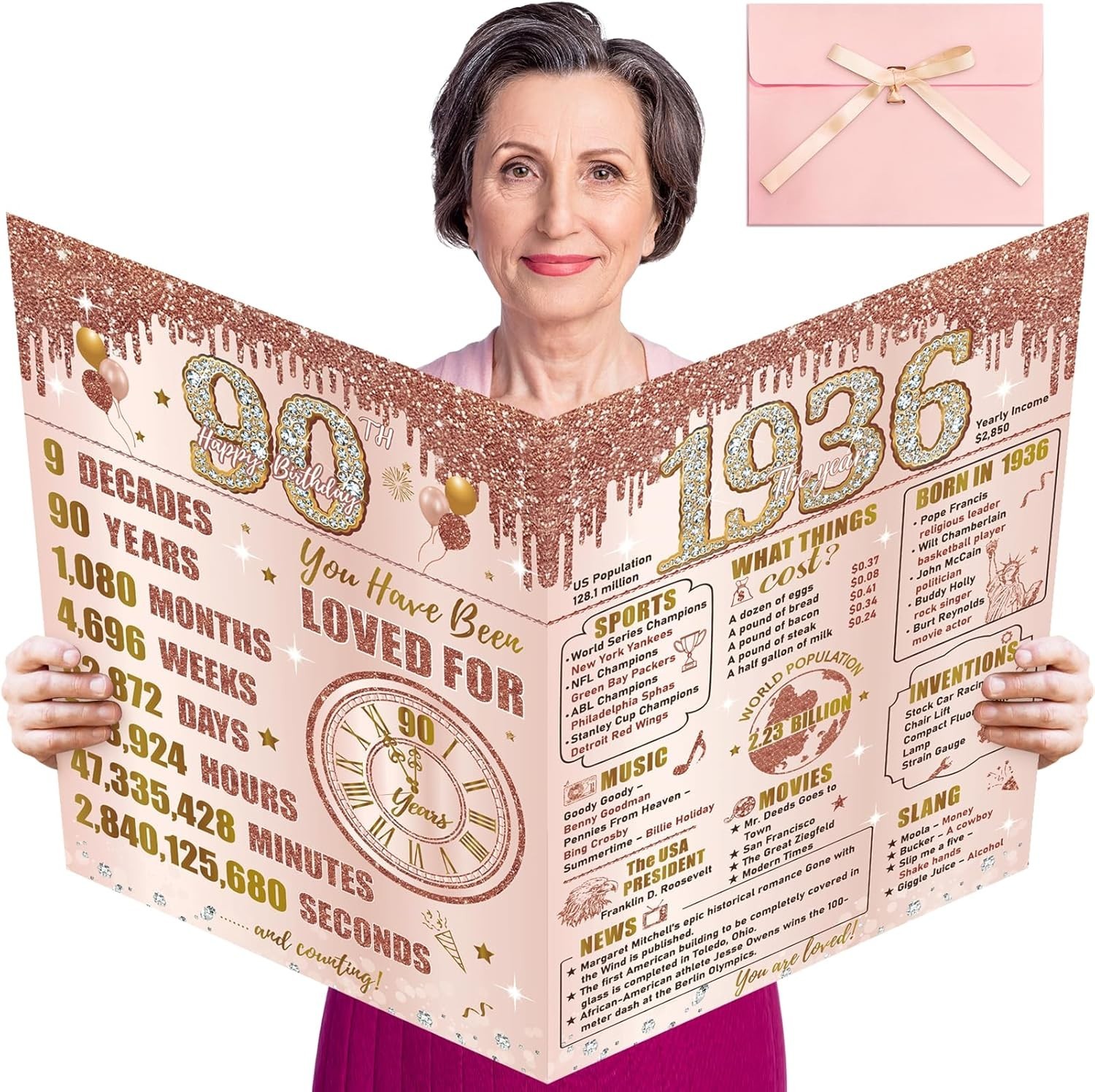 Large 90Th Birthday Card with Envelope for Girls, Pink Rose Gold the Year 1936 H Large 90Th Birthday Card with Envelope for Girls, Pink Rose Gold the Year 1936 H