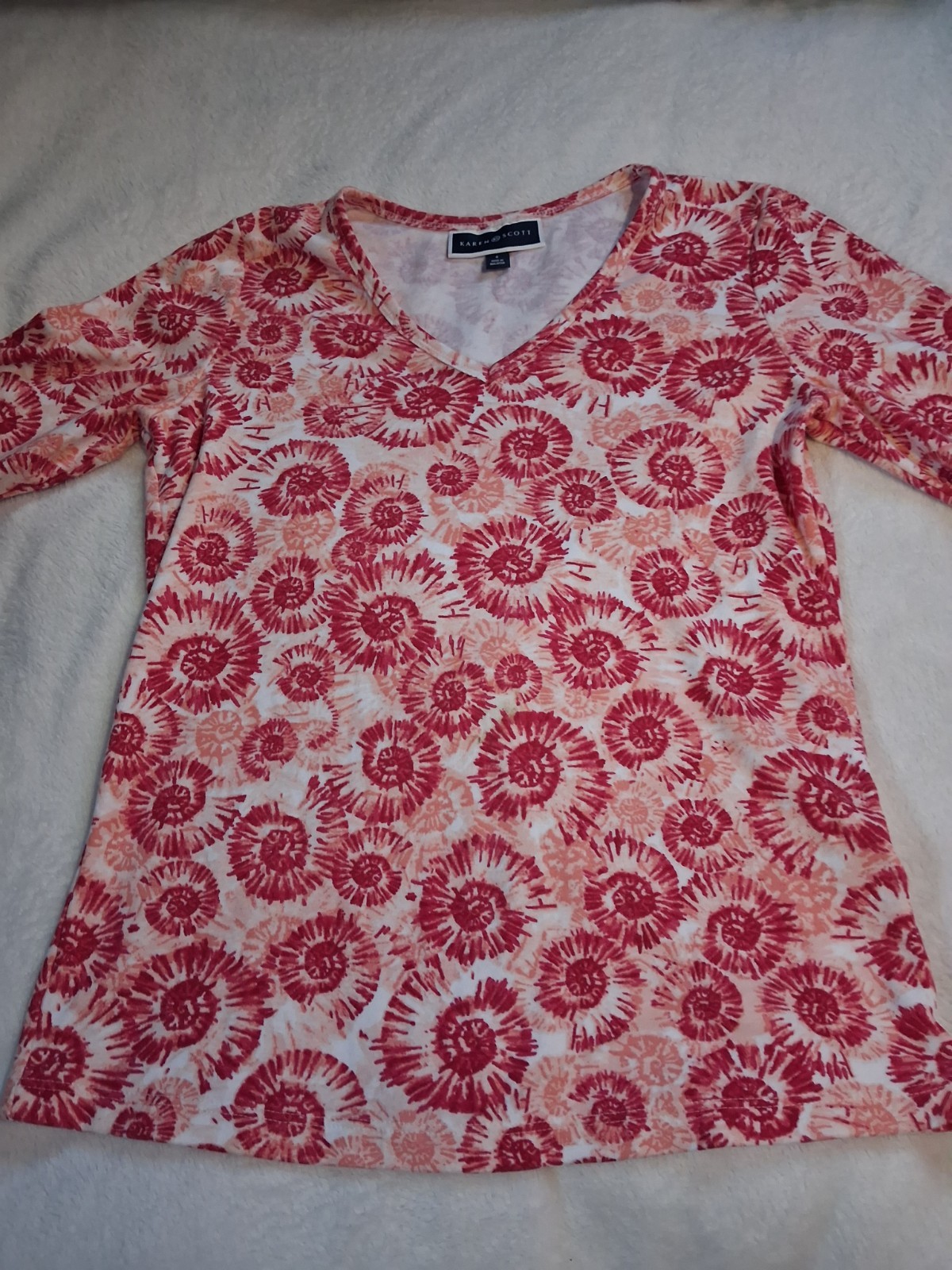 Karen Scott~Womens Super Cool Pattern,%60 Cotton,V-Neck, 3/4 Sleeves Size Small