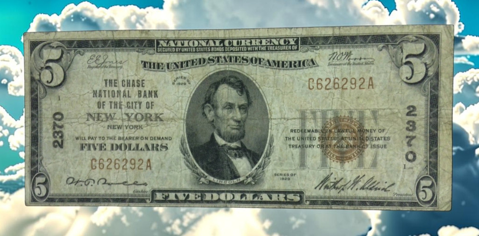 1929 $5 National Currency Chase National Bank NY Charter 2370 C626292A