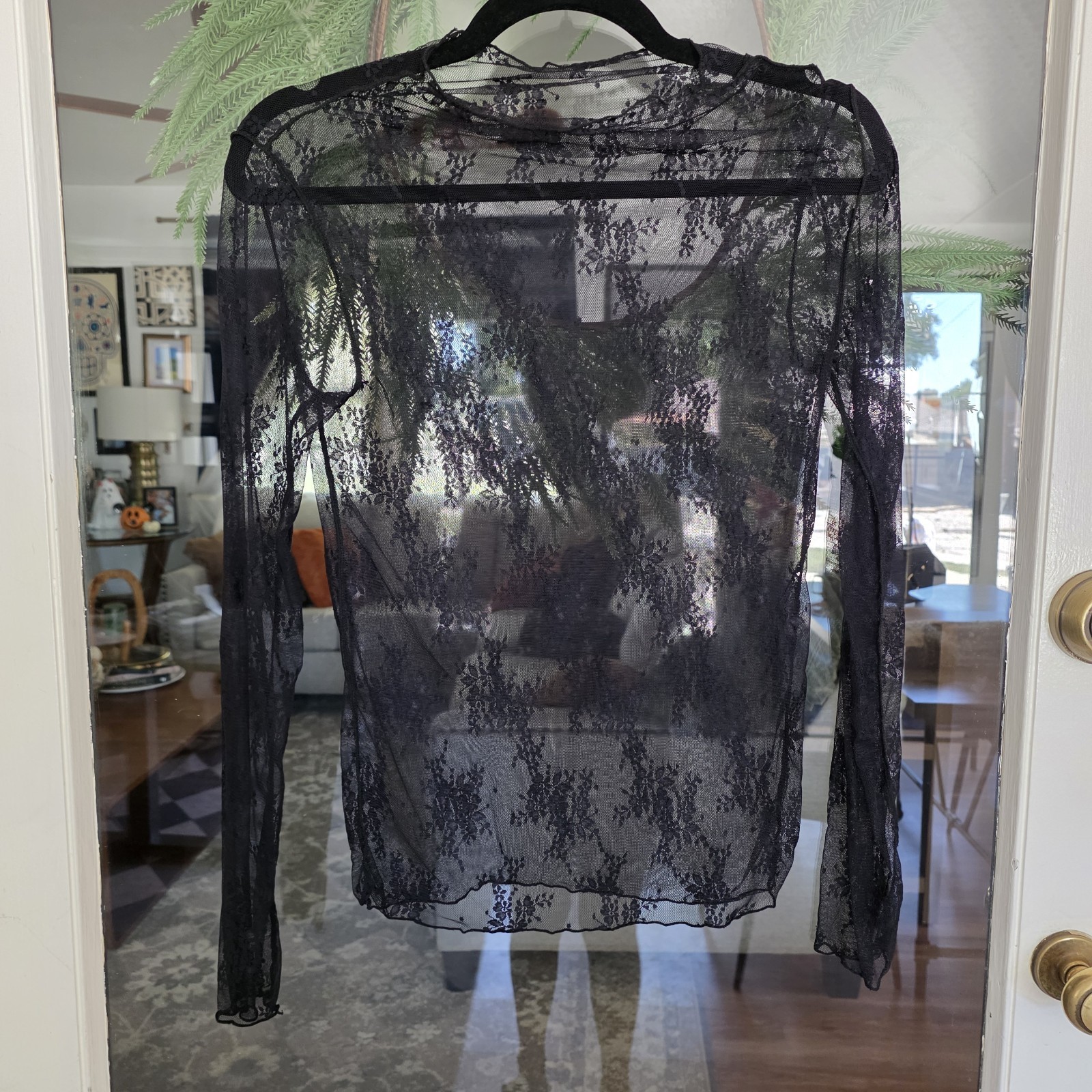 Black Sheer Floral Lace Mesh Long Sleeve Top Whimsigoth Gothic Y2K Romantic