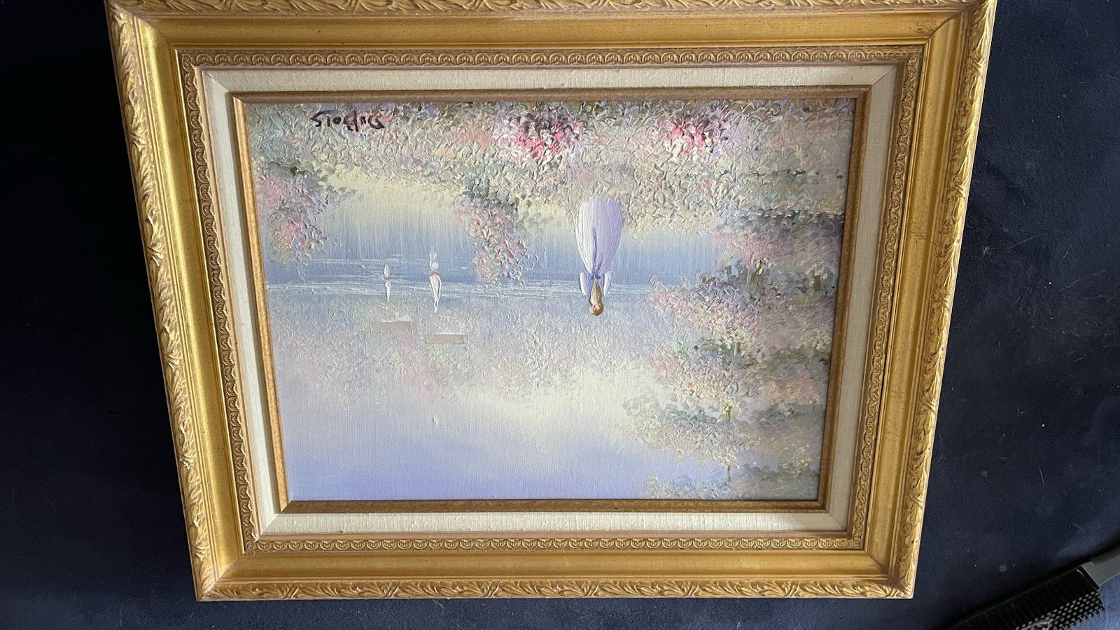 Vintage Impressionist Palette Knife Oil Painting Garden Pond Gilt Frame Signed