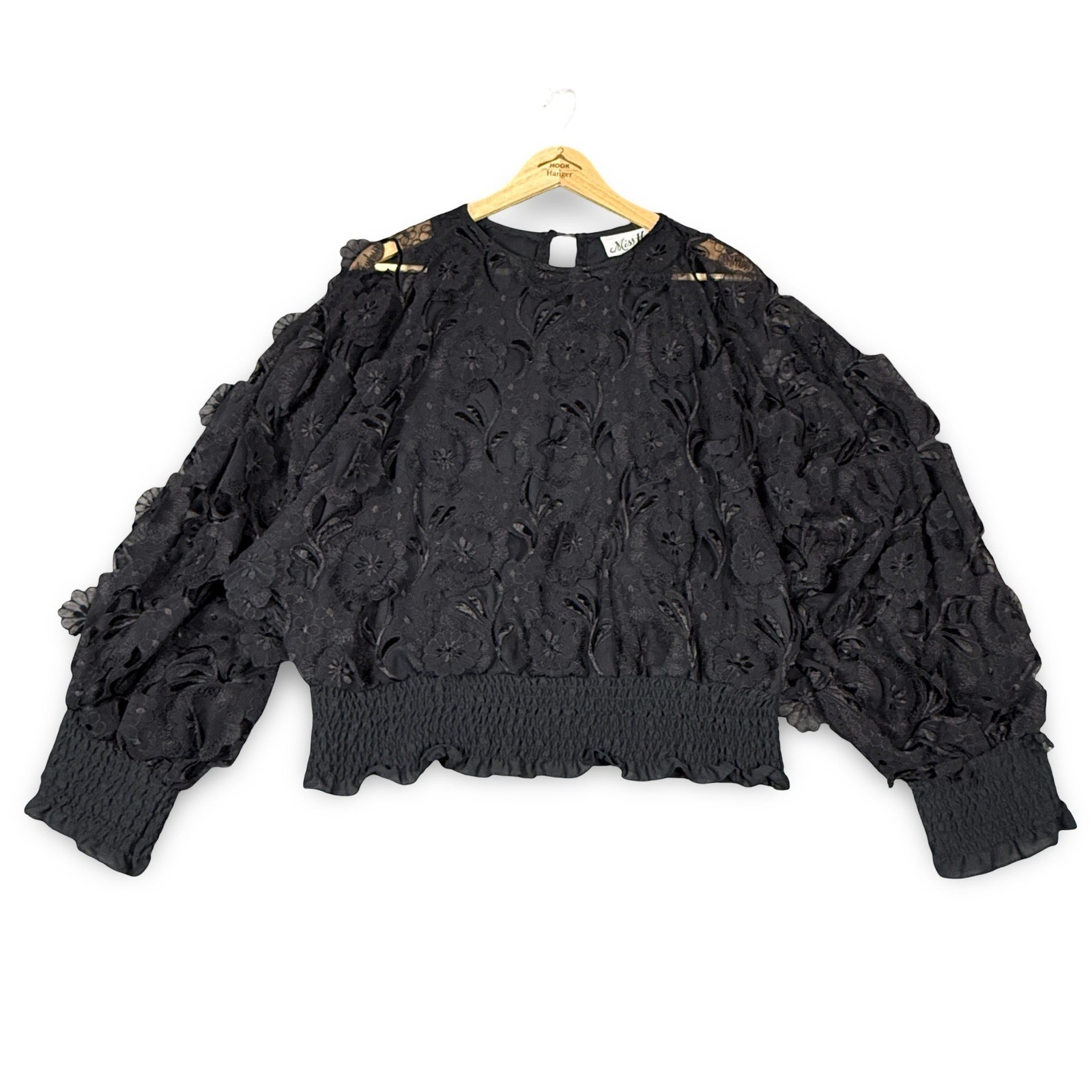 Miss H Vintage 80s 3D Floral Party Top Womens S Black Whimsigoth Open Lace Crop
