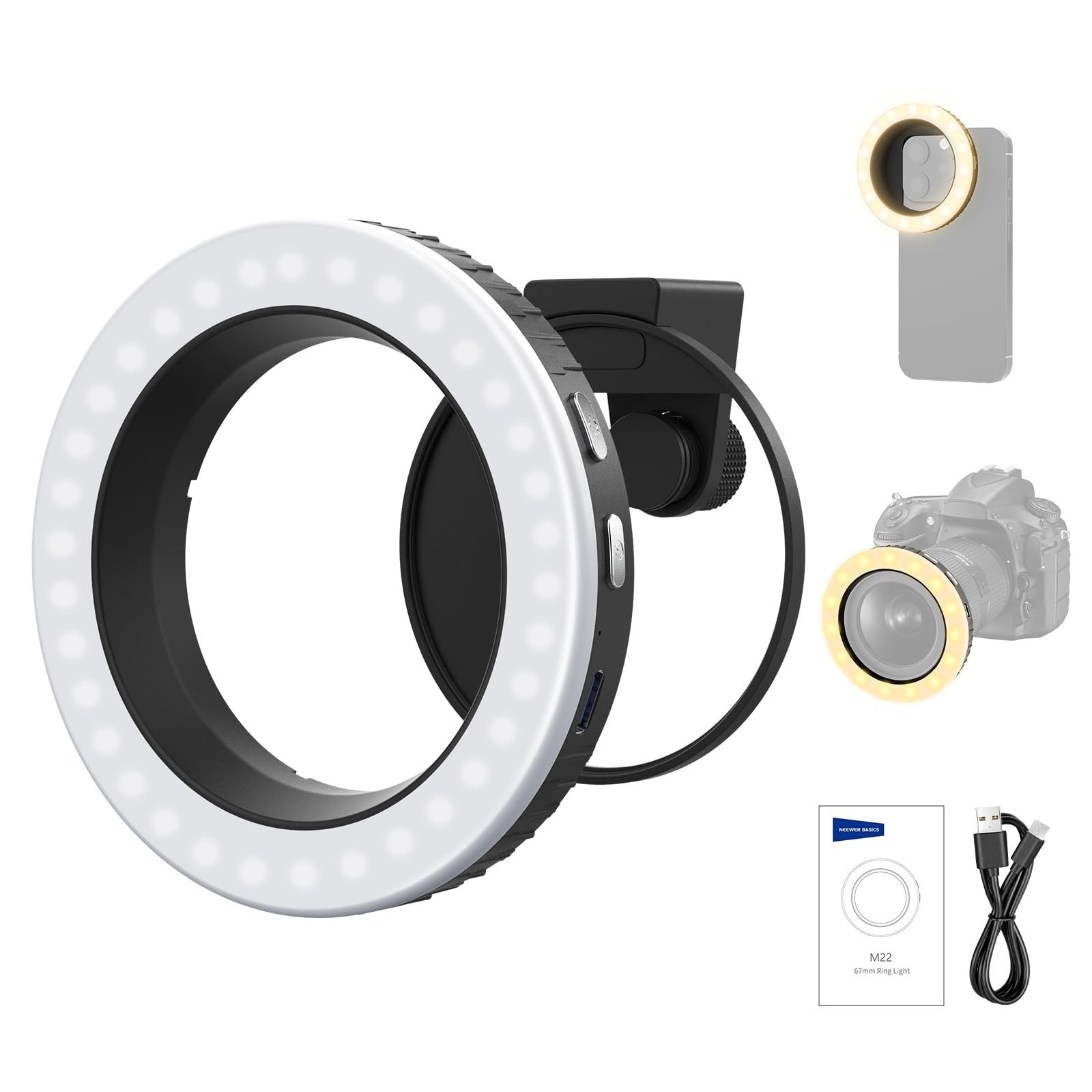 67mm Clip-On Bi-Color LED Ring Light USB-C for Phone Cage Camera Tripod