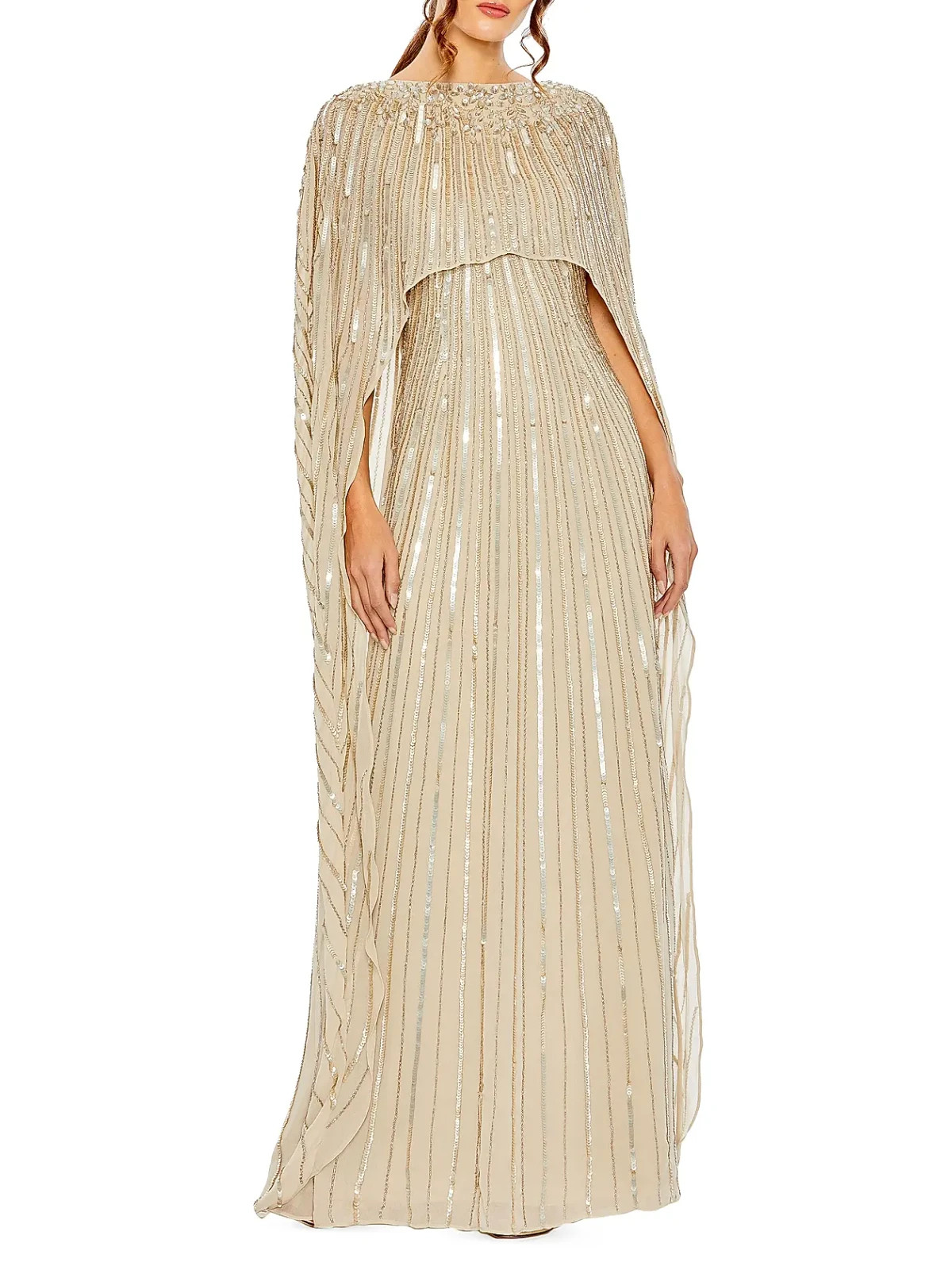 Mac Duggal Champagne Embellished Sequin Beaded Column Cape Gown Size 10 $798 Mac Duggal Champagne Embellished Sequin Beaded Column Cape Gown Size 10 $798