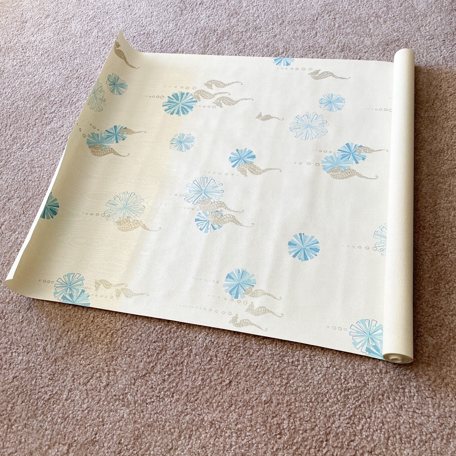 70's Vtg Mod Bathroom Sea Horse White Blue Atomic Aquatic Vinyl Wallpaper MCM 70's Vtg Mod Bathroom Sea Horse White Blue Atomic Aquatic Vinyl Wallpaper MCM