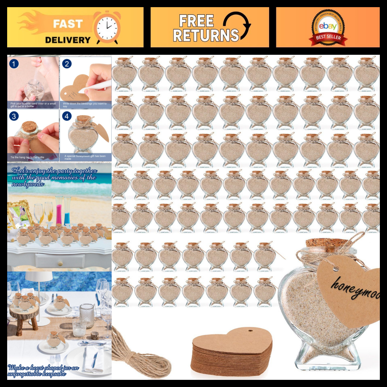 282 Pcs Heart Shaped Glass Jars Set with Cork Lids, Wish Bottles, Labels & Strin 282 Pcs Heart Shaped Glass Jars Set with Cork Lids, Wish Bottles, Labels & Strin