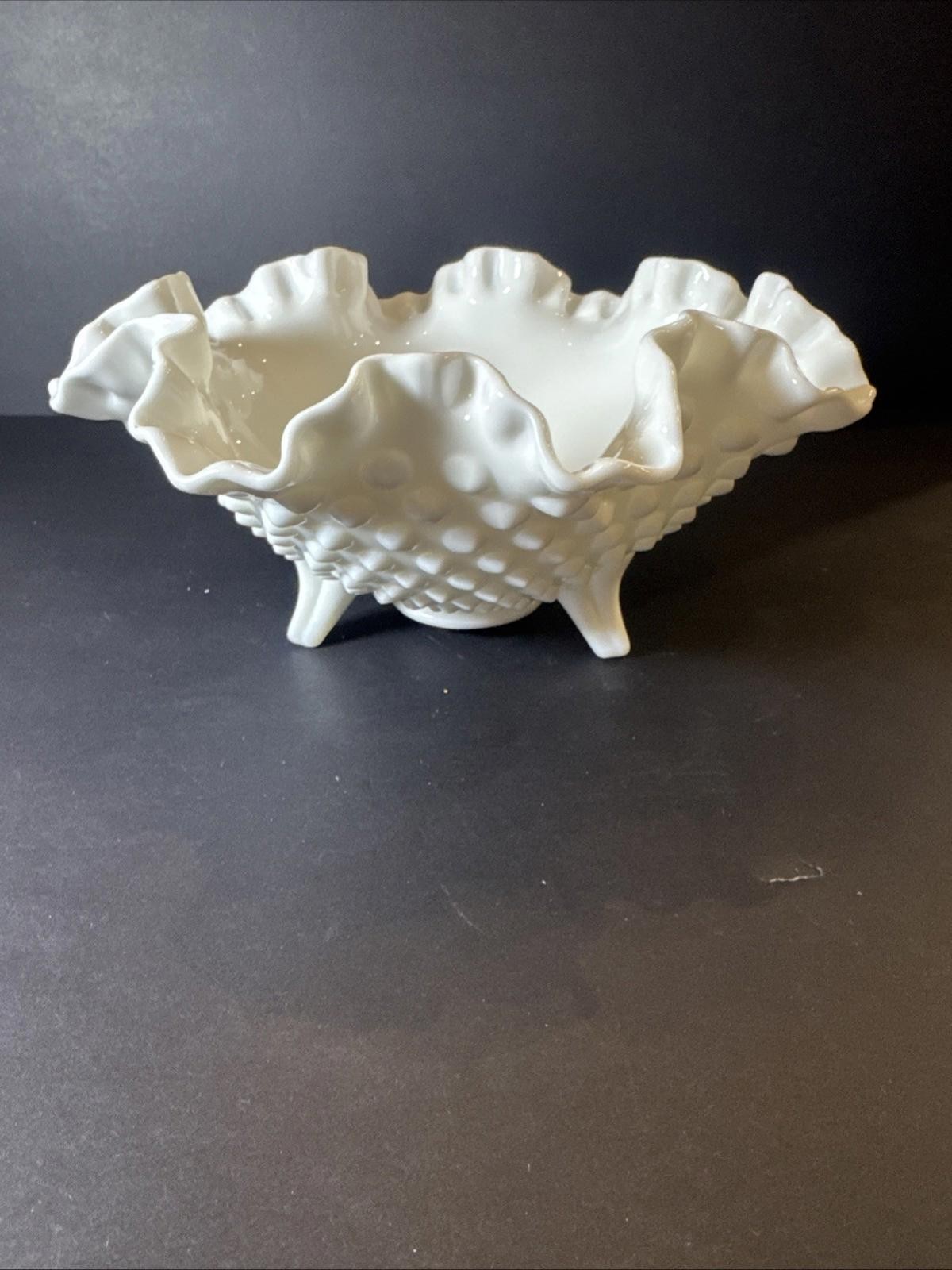 Vintage Fenton Hobnail Double Crimped Ruffle Edge Milk Glass Bowl 8” X 4” Chip