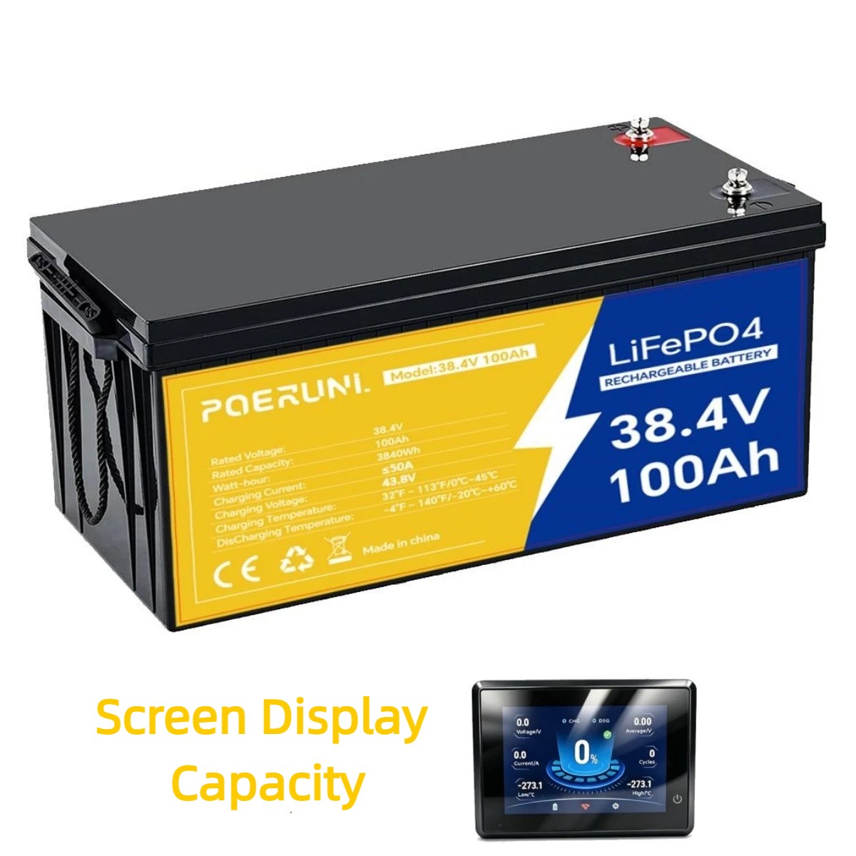 POERUNI 38.4V 100Ah Golf Cart Lithium Battery + LCD Monitor Cycles For golf cart POERUNI 38.4V 100Ah Golf Cart Lithium Battery + LCD Monitor Cycles For golf cart