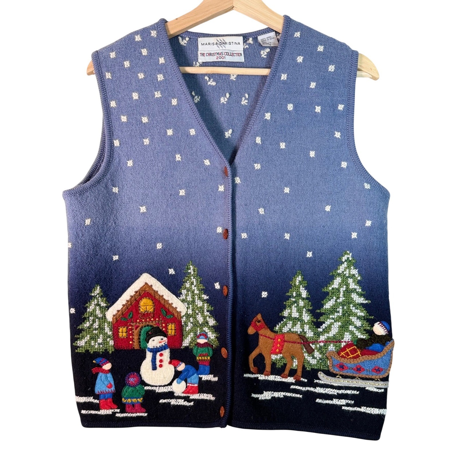 Vtg Marisa Christina Christmas Collection Blue Boiled wool Sweater Vest Womens S