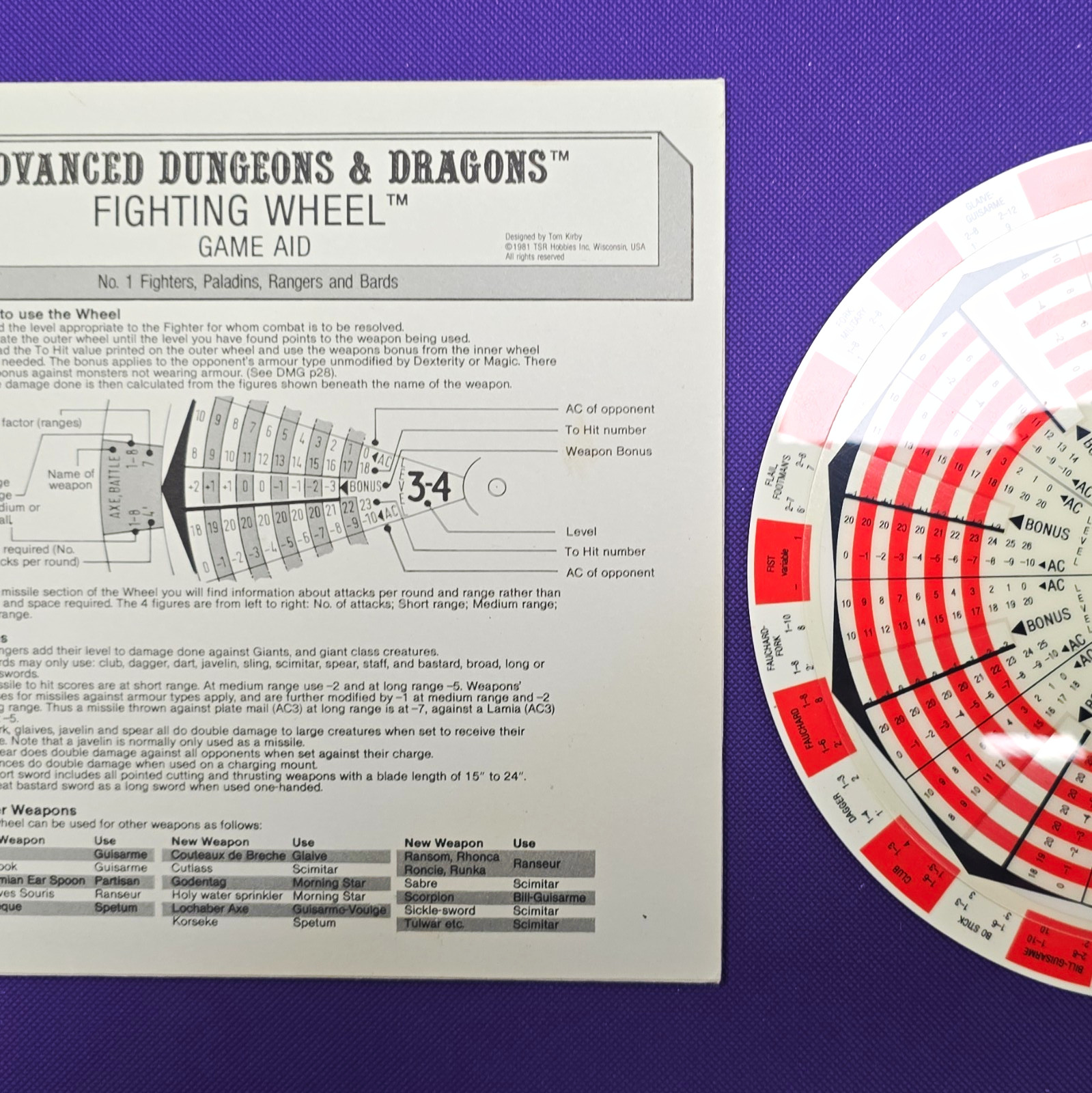 TSR Dungeons & Dragons Advanced Fighting Wheel Game Aid w/ Instructions TSR Dungeons & Dragons Advanced Fighting Wheel Game Aid w/ Instructions
