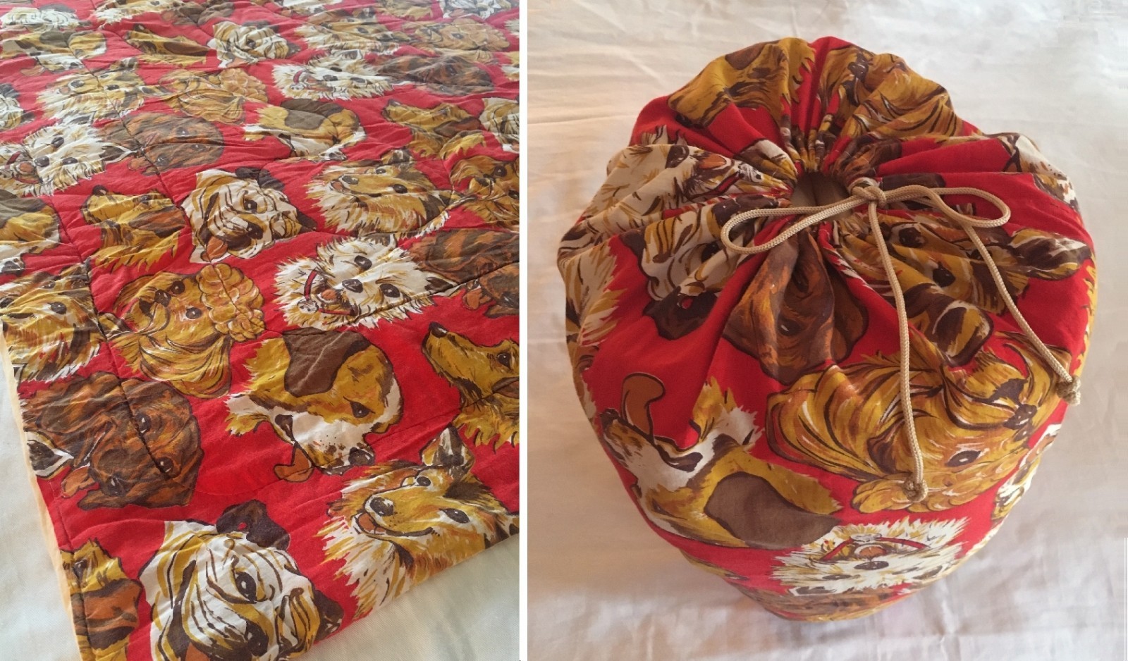 Vintage 1950\'s Red Sleeping Bag with Cover, Extra Long, Dog Breeds - Excellent