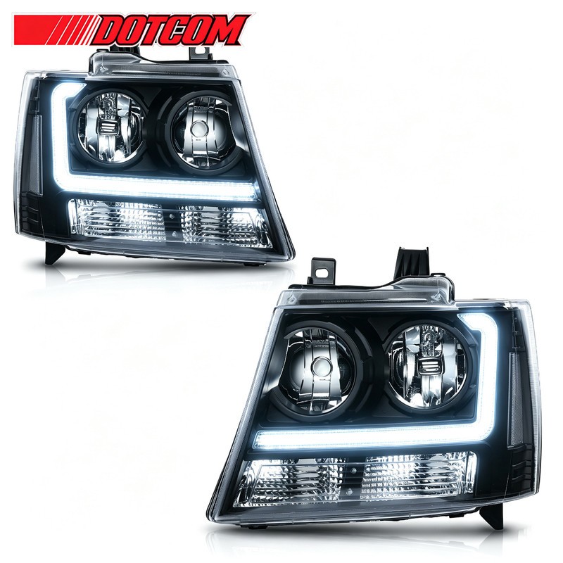 For 2007-2014 Chevy Tahoe Suburban Black Housing Clear LED DRL Headlight Lamps
