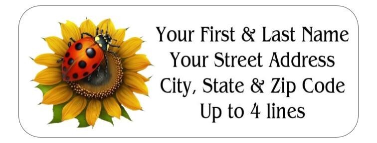 150 Sunflower Ladybug Flower Mailing Return Address Labels Personalized