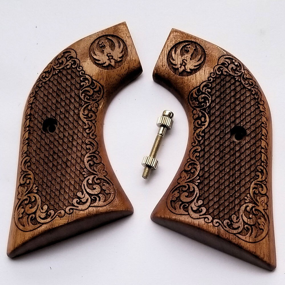 Ruger Vaquero Blackhawk Wrangler Engraved Walnut Wood Grips XR3-RED Frame Scroll