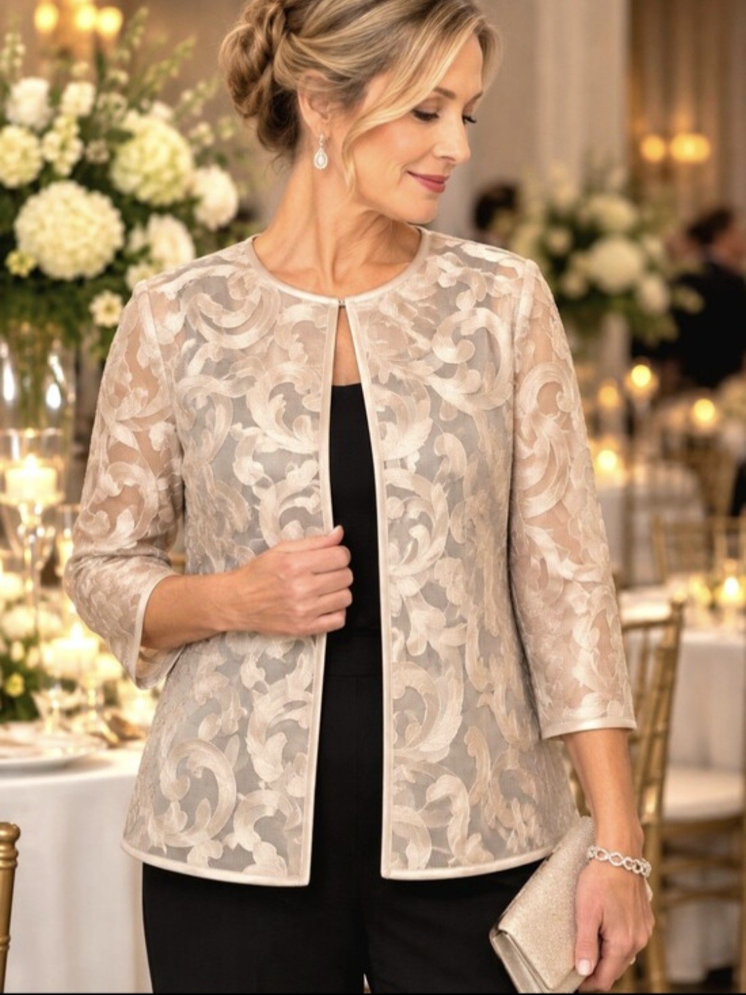Chico\'s Travelers Laser Lace Champagne Gold Scroll Jacket Topper Size 1- Med