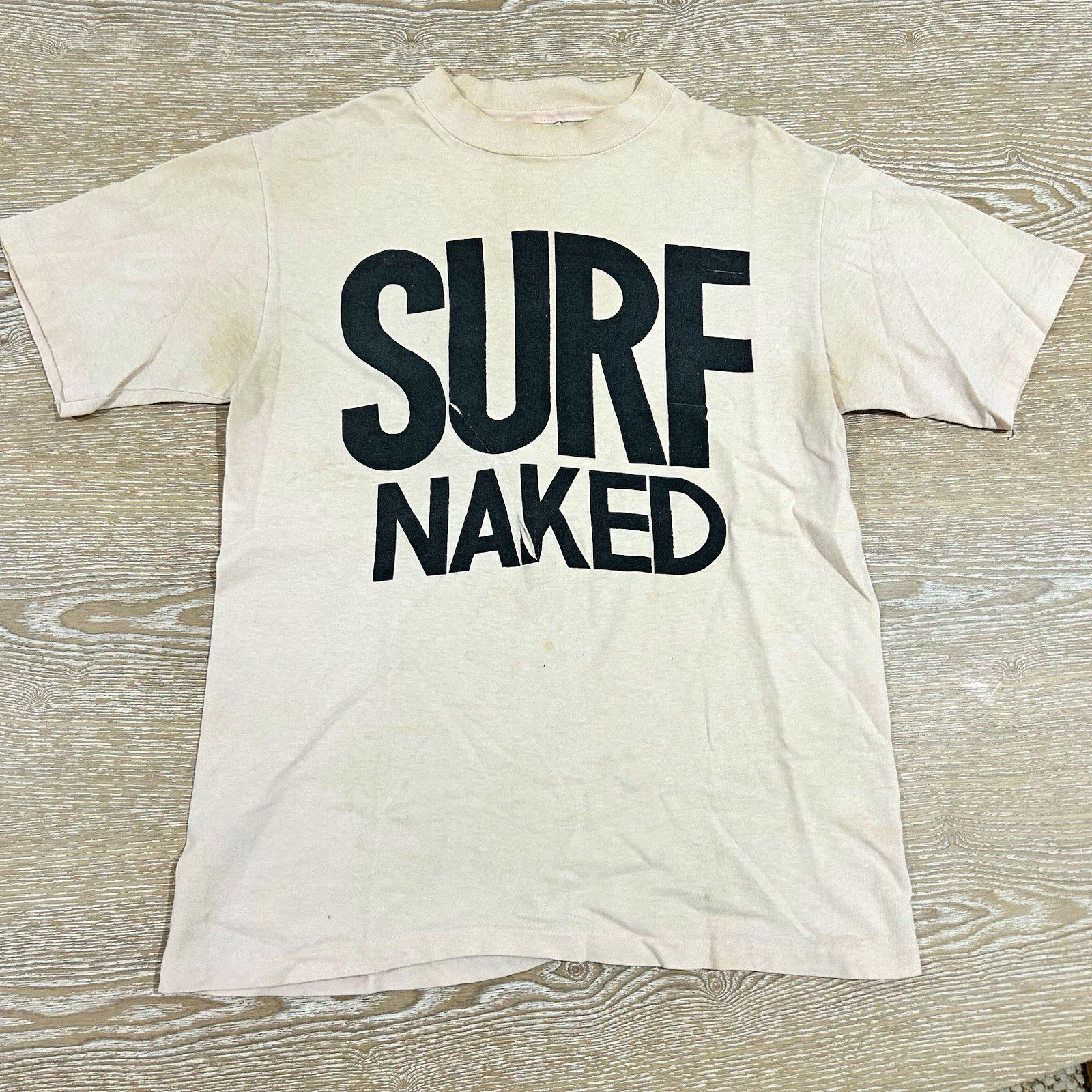 Vintage 80s Surf Naked Shirt M Beige Surfing Beach Faded Distressed Punk Skate