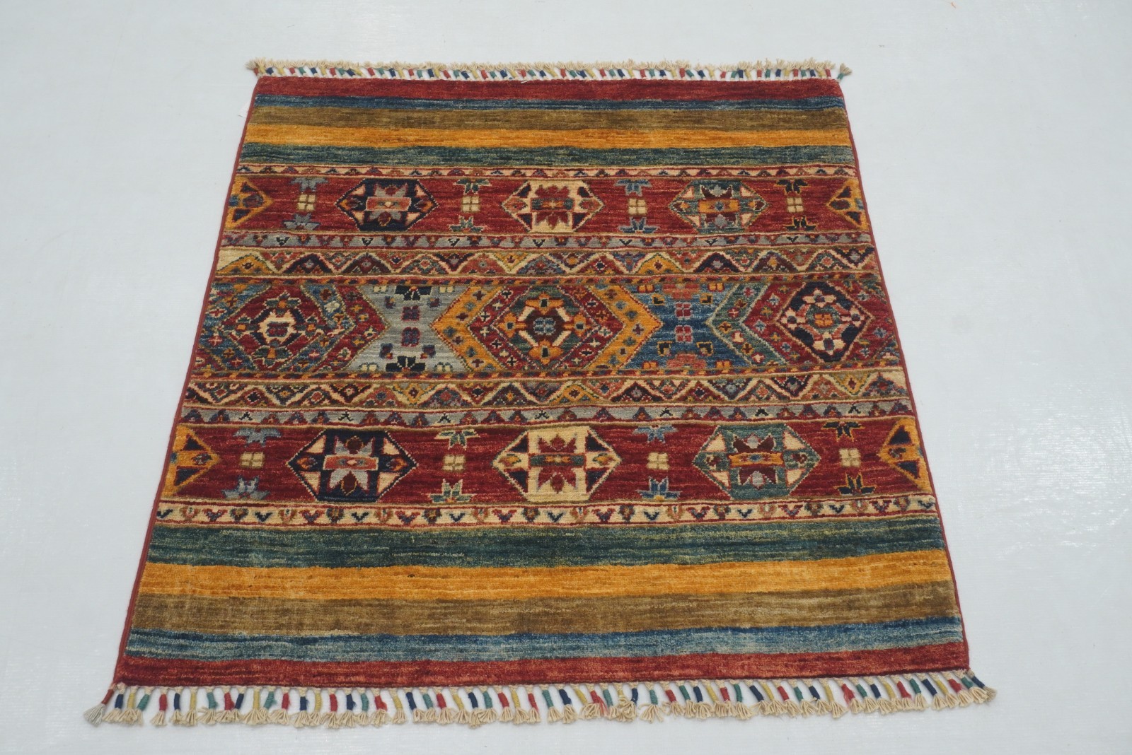3x3 ft Red Khorjin Afghan Hand Knotted Wool Tribal Small Square Rug