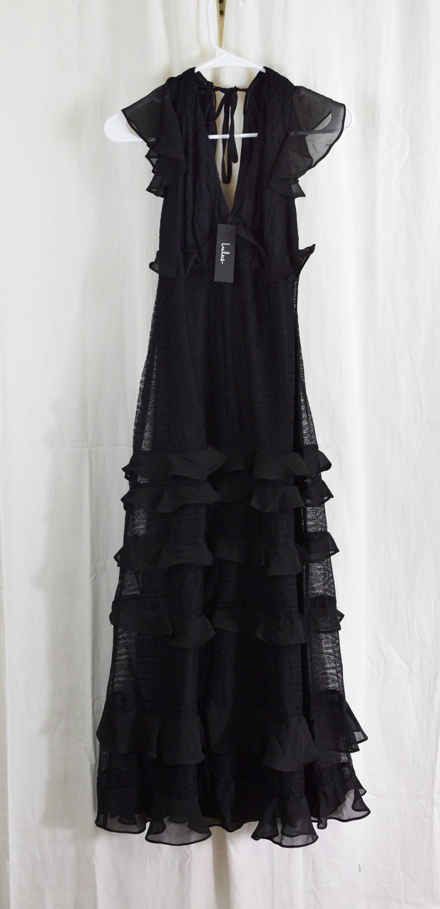 Lulus Women\'s Nyra V-Neck Ruffle Lace Formal Maxi Dress Black Size Medium