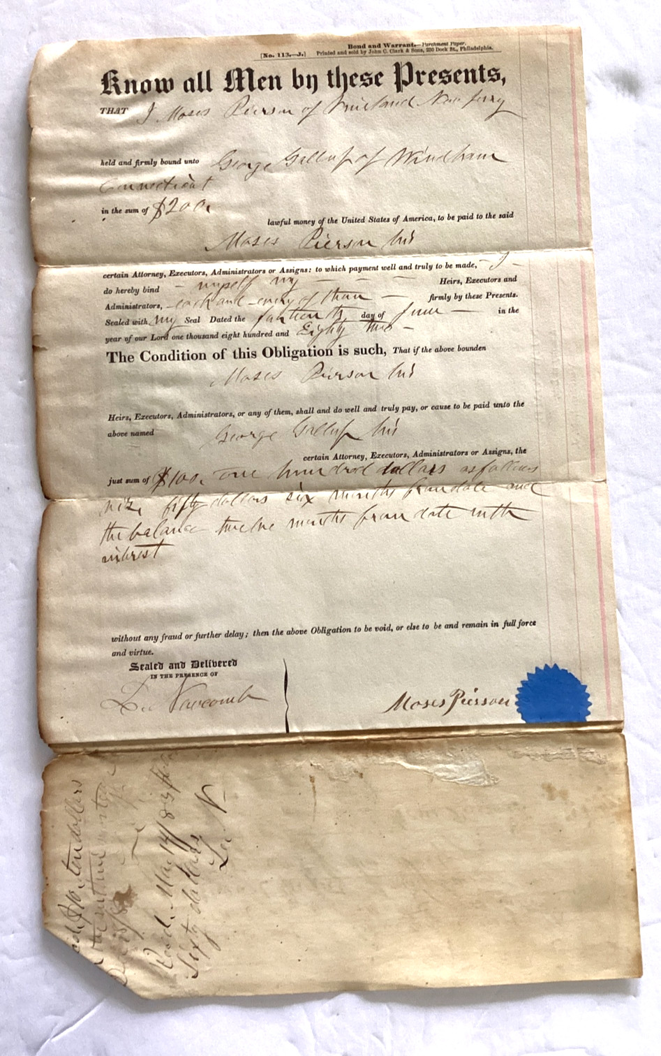 Indenture 1882 Moses Pierson George Gallup signed clerk FL Godfrey Cumberland NJ Indenture 1882 Moses Pierson George Gallup signed clerk FL Godfrey Cumberland NJ
