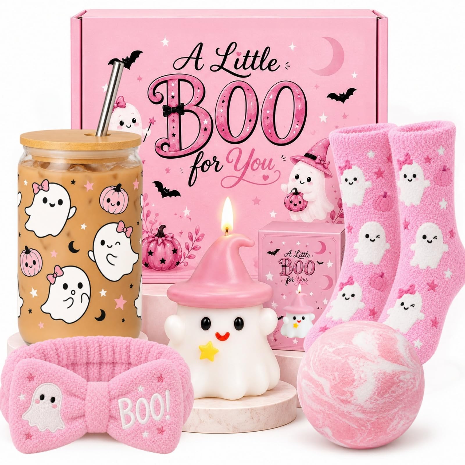 Pink Halloween Boo Basket Stuffers Gift Set Glass Cup for Women