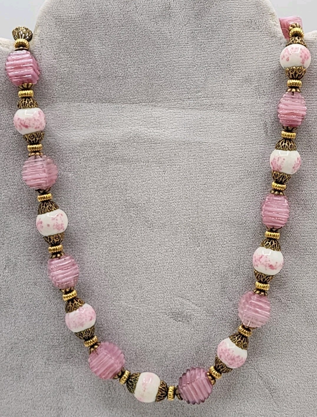 RARE Antique Czech Pink&White Art Glass Beads w/Goldtone Filigree On Metal Chain RARE Antique Czech Pink&White Art Glass Beads w/Goldtone Filigree On Metal Chain