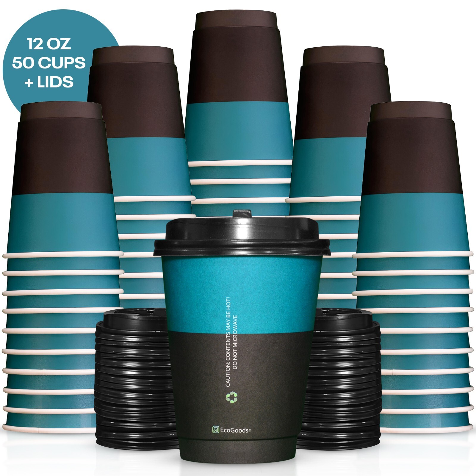 EcoGoods 12 oz. Disposable Insulated Paper Coffee Cups w/ Black Lids (50 Pcs)