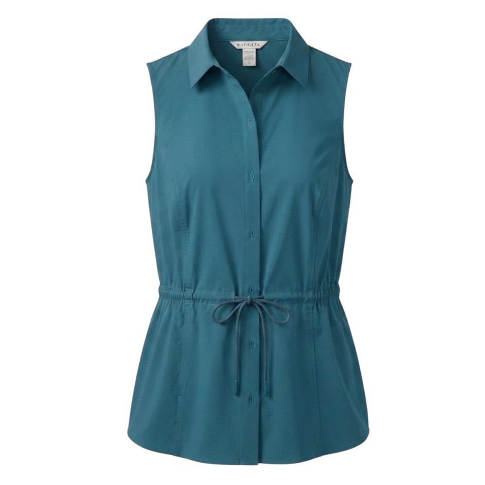 Athleta Levitate Poplin Tank Borealis Green Teal Cinched Tie Waist Sz Medium