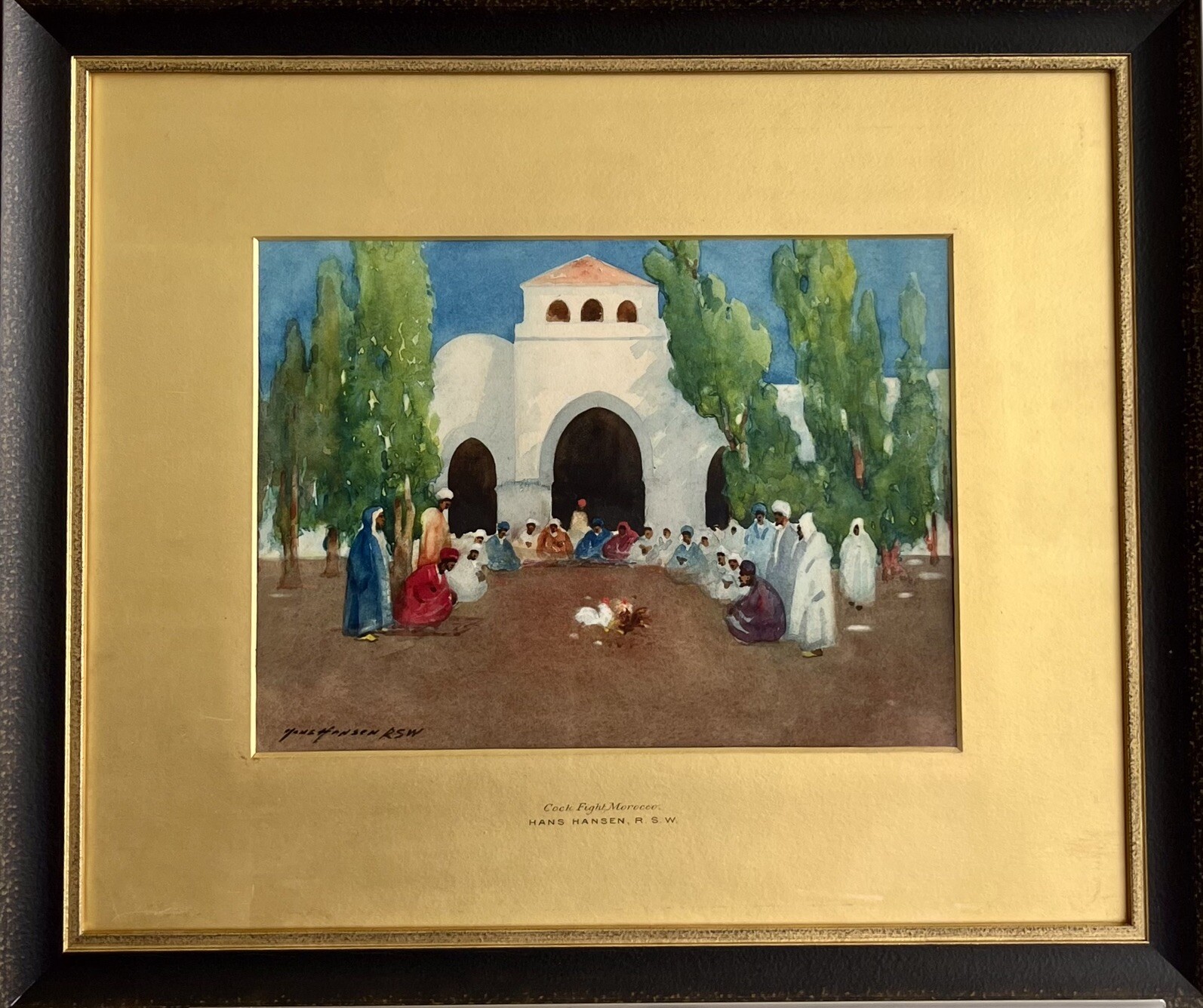 Hans Jacob Hansen R.S.W.Orientalist Painter Cock Fight Morocco Watercolor Framed