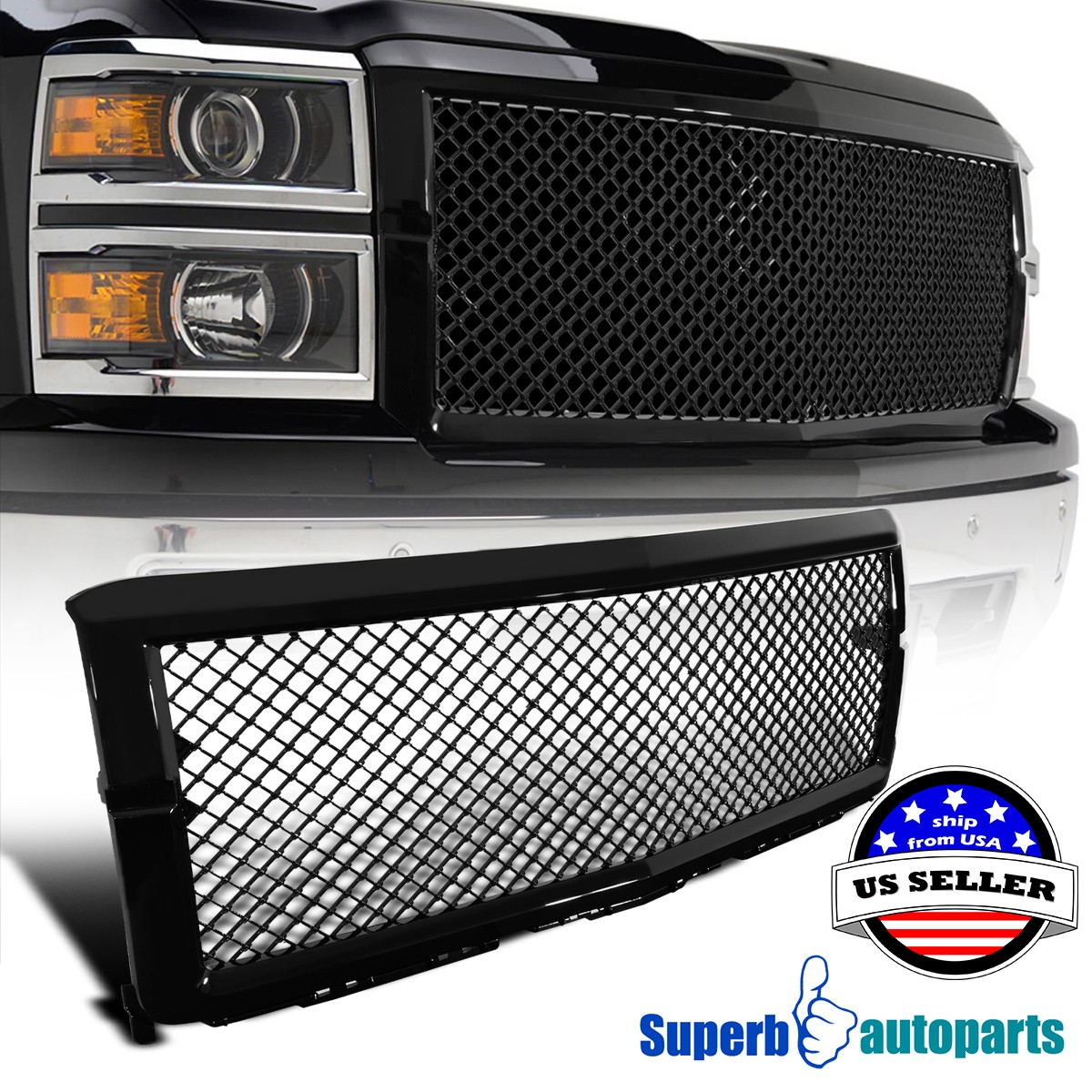 Fit 2014-2015 14-15 Chevy Silverado 1500 ABS Mesh Front Hood Grille Glossy Black