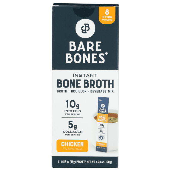 Bare Bones Instant Chicken Bone Broth Sticks, 10G Protein,4.23 oz, 8 Count Total