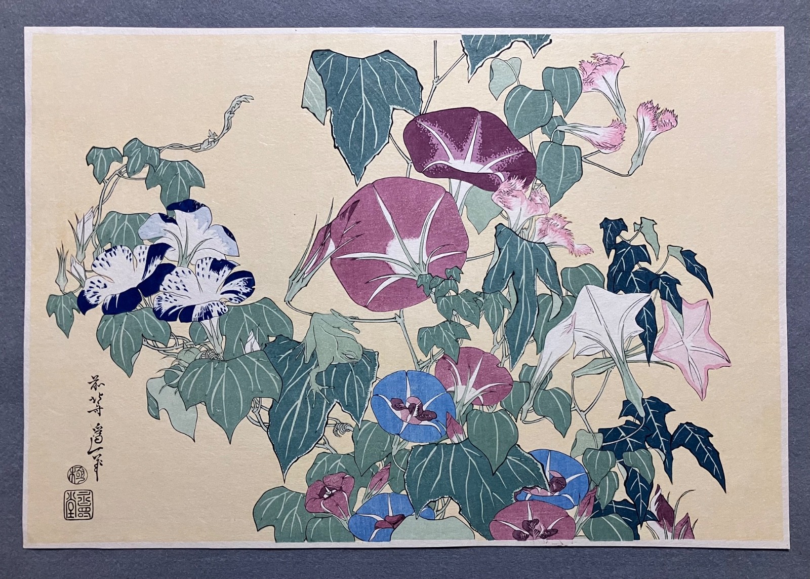 Katsushika Hokusai Woodblock Print “Morning-Glories and Frog” Rare Adachi