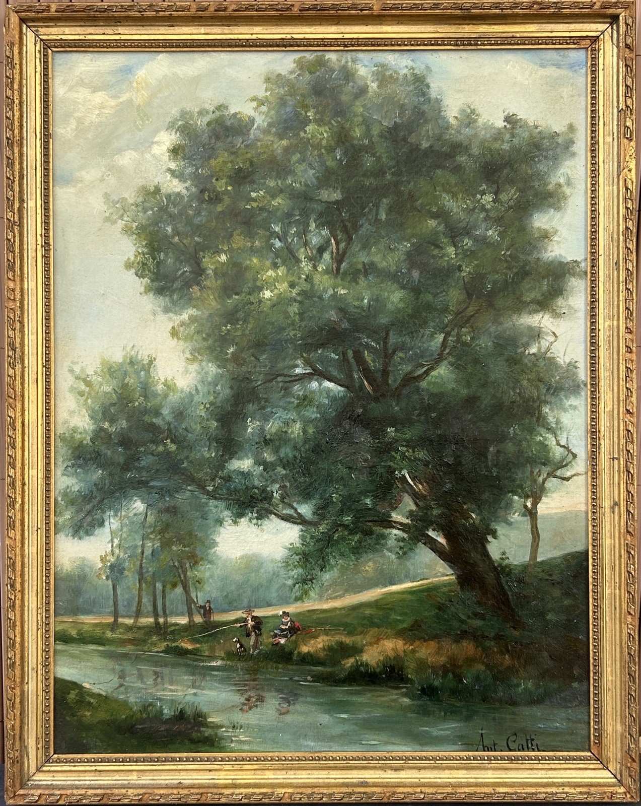 Original French School Antique 1890’s Oil Painting Fishing Lake Landscape Framed