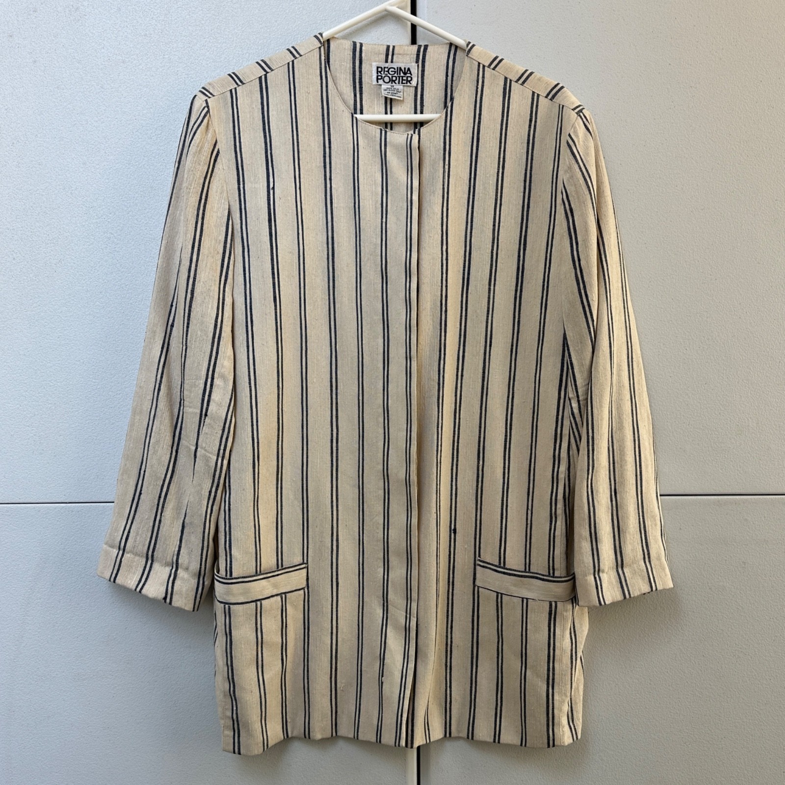 Vtg 90s REGINA PORTER Medium 100% Raw Silk Blazer Jacket Striped Collarless