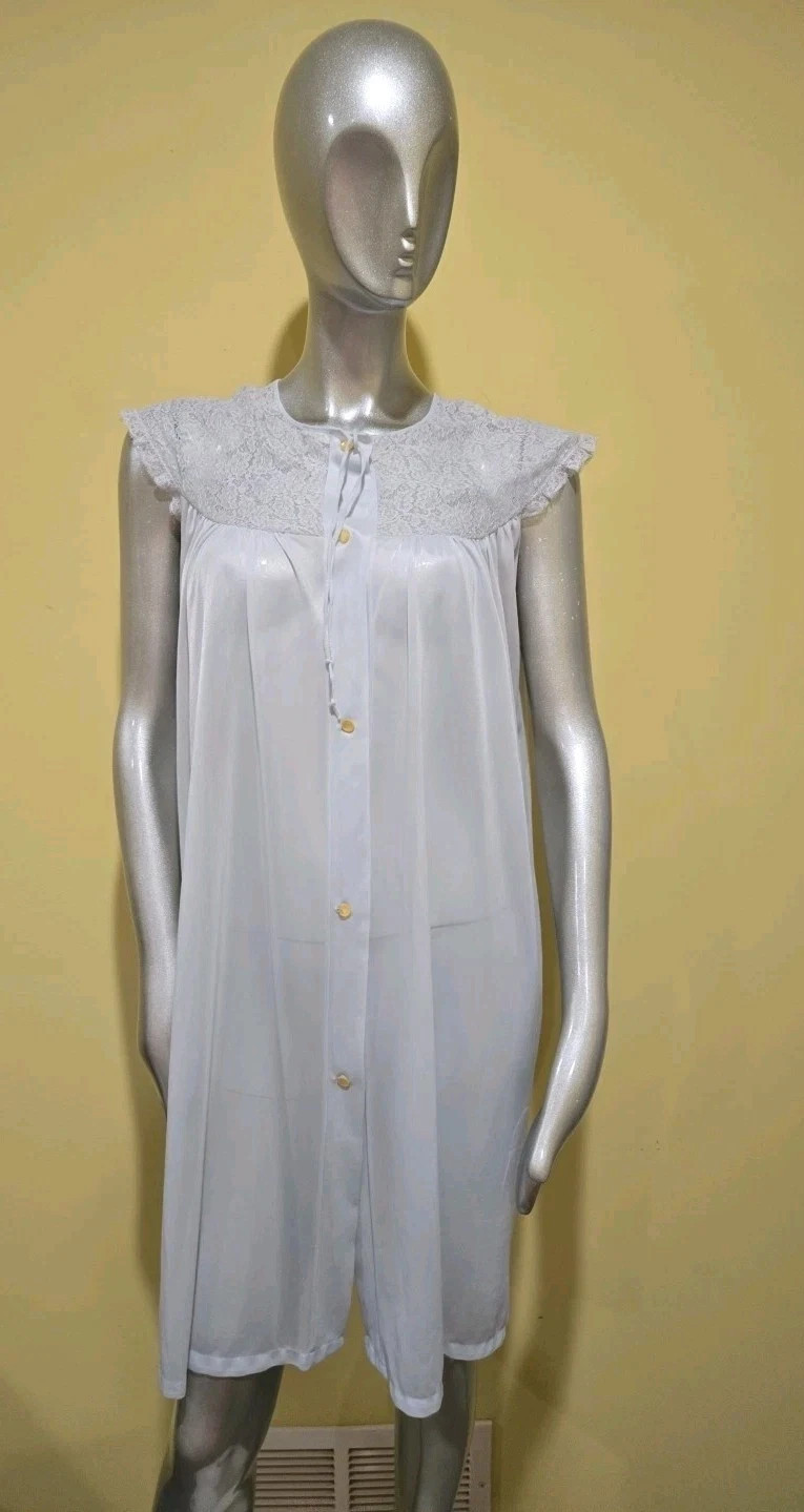 Evette Vtg 60s Semi Sheer Blue Lace Buttoned Midi Dressing Gown/Robe Medium 5-36