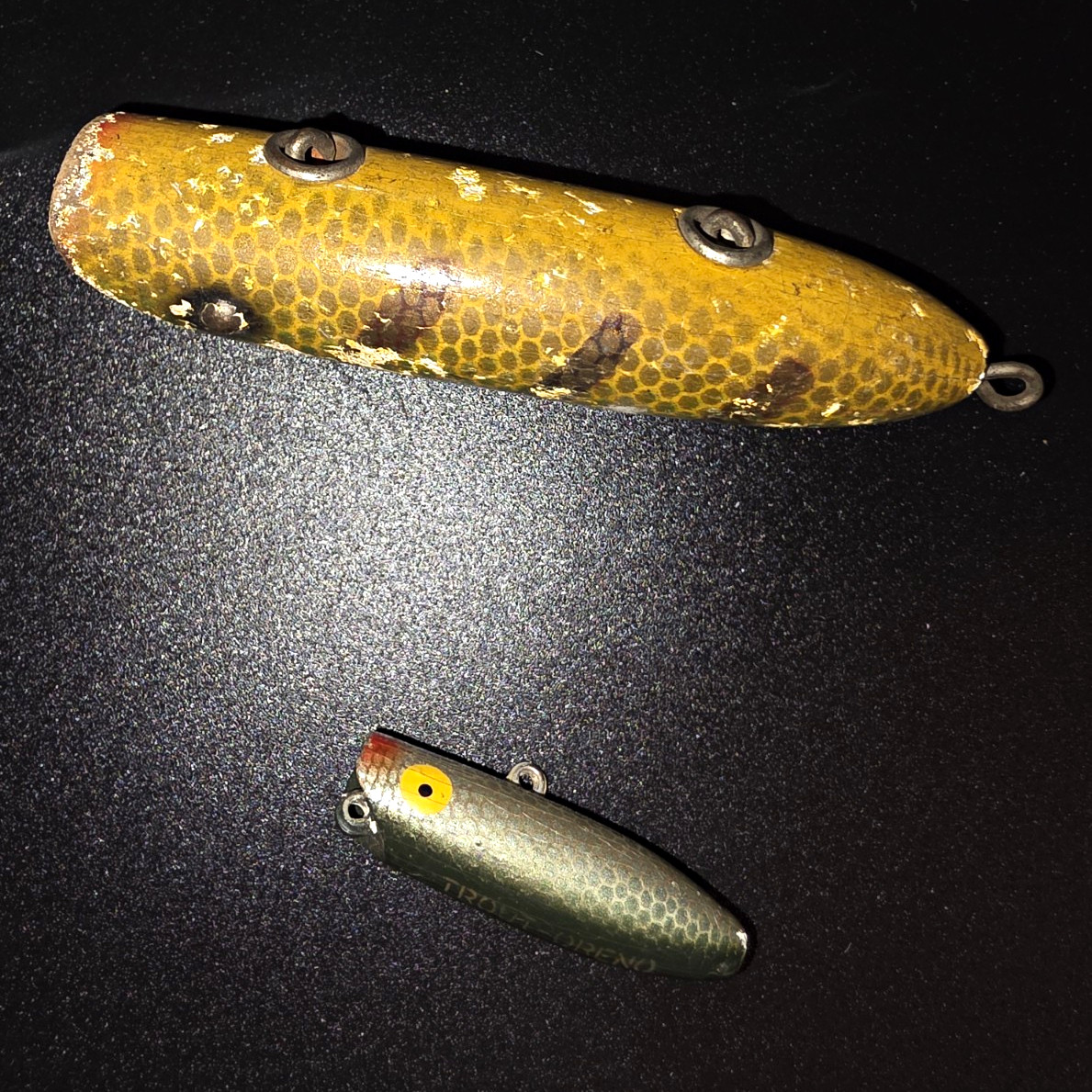 Antique Wooden Lure Lot of 2 - Heddon Wood Lucky 13 & Stamped Trout-Oreno USA