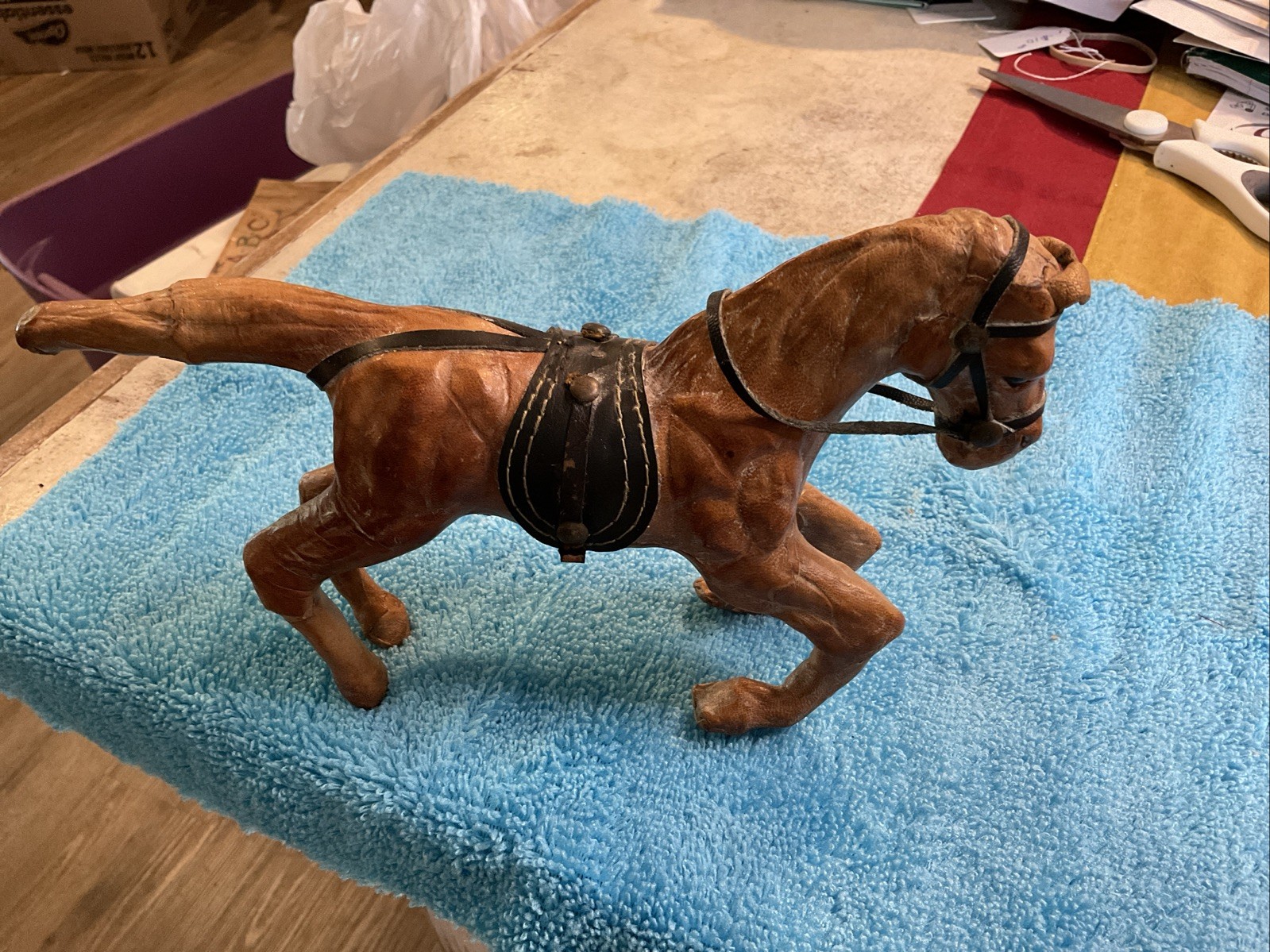 VINTAGE 1960’S LEATHER WRAPPED PRANCING HORSE -IRONICALLY “HORSE MADE FROM COW”