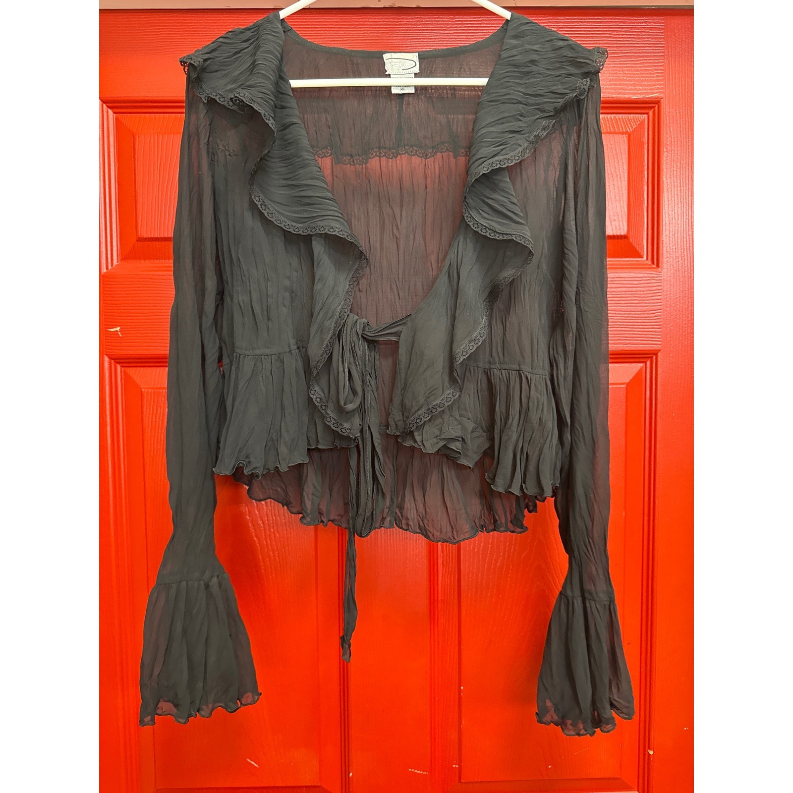 Vintage Rave Black Sheer Tie Front Ruffle Blouse Bell Sleeve Lace Trim XL