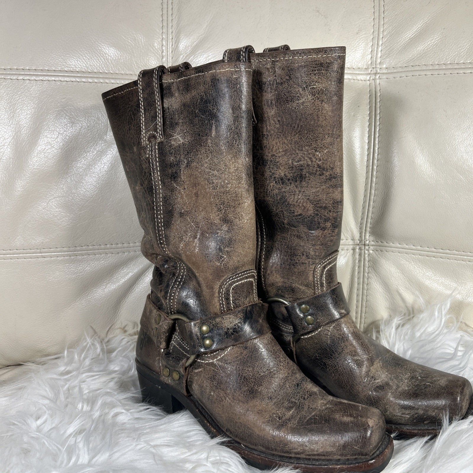 Frye Harness Biker Boots Womens 6.5  M Brown Square Toe Moto Distressed