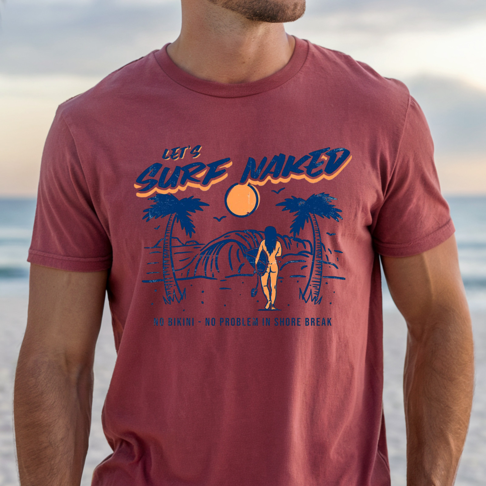 Let\'s Surf Naked graphic T-shirt, Chill Beach Vibe Tee, Gift for Surfers