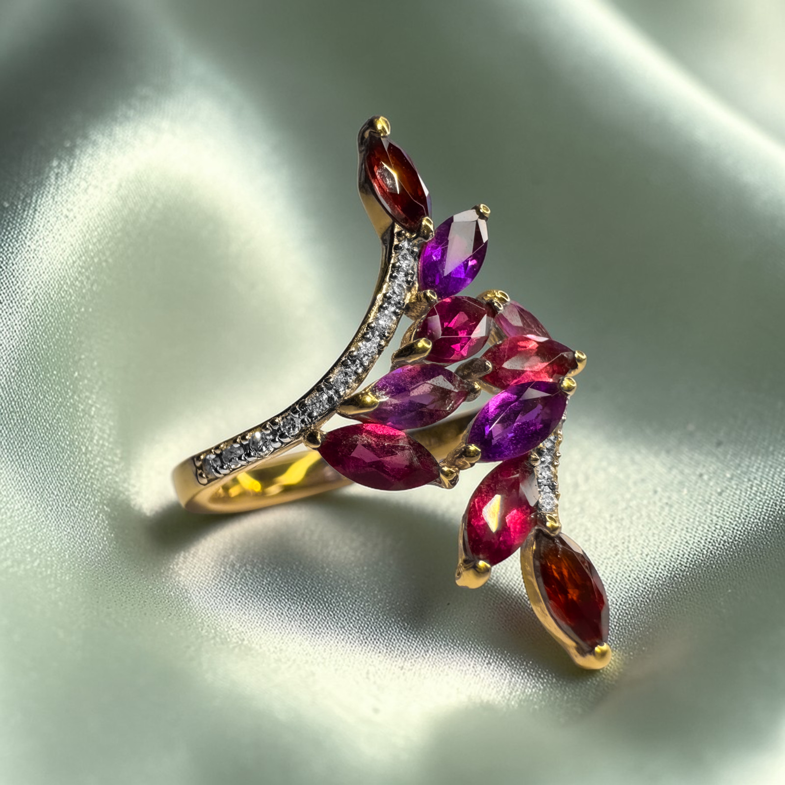 VINTAGE 10K Gold Garnet Amethyst & Diamond Ring Size 7 Leaf Vine Bypass Ring