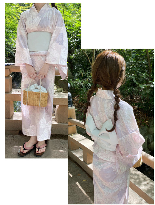 Japanese Kimono Yukata Set Dress Light Pink Flower White obi Summer Cool