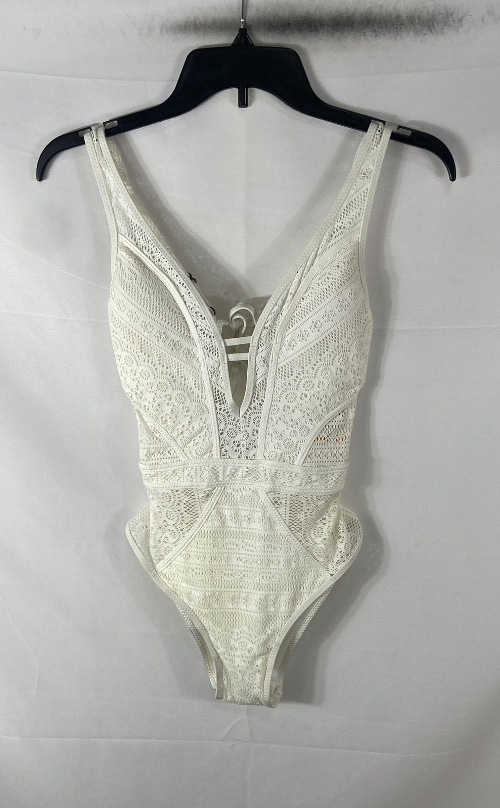 BECCA Women\'s White Crochet Lace Plunge Lace-Up One-Piece Swimsuit NWT Sz S