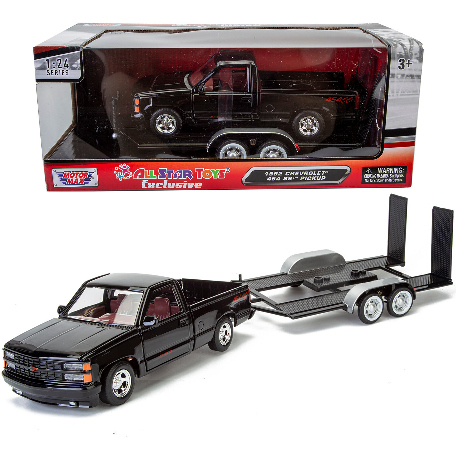 1992 Chevy 454SS Pickup w/ Tow Trailer 1:24 BLACK&Red Motormax 73203/76001