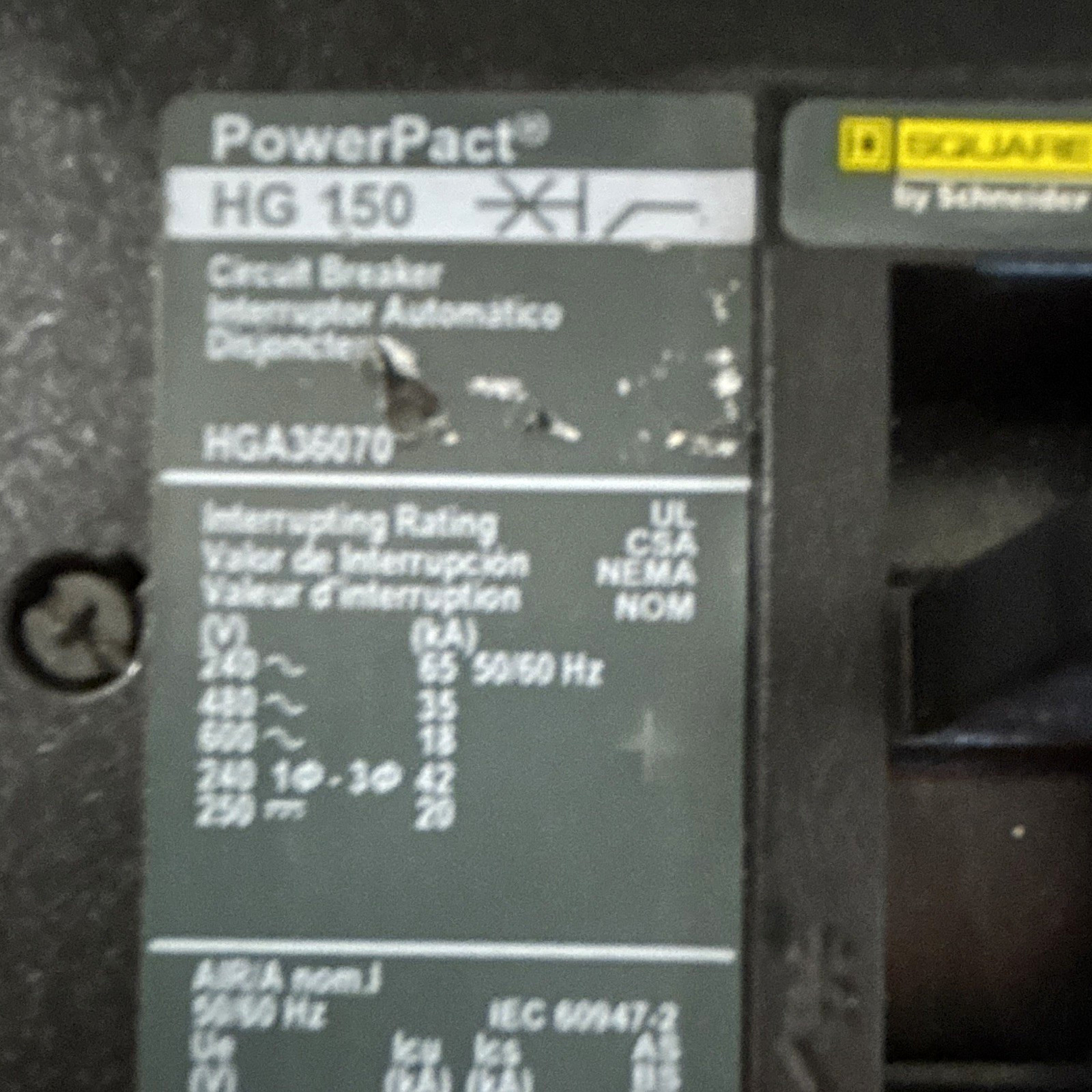 Schneider Electric PowerPact HG150 HGA36070 3P 150A 240-600V AC Breaker 4