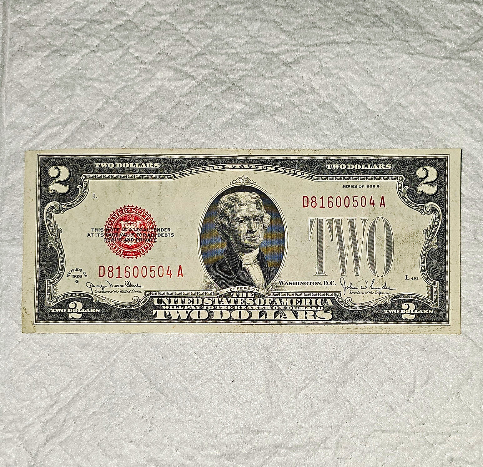 1928G SERIES $2 TWO DOLLAR UNITED STATES NOTE, RED SEAL, UNCERTIFIED, UNGRADED 1928G SERIES $2 TWO DOLLAR UNITED STATES NOTE, RED SEAL, UNCERTIFIED, UNGRADED